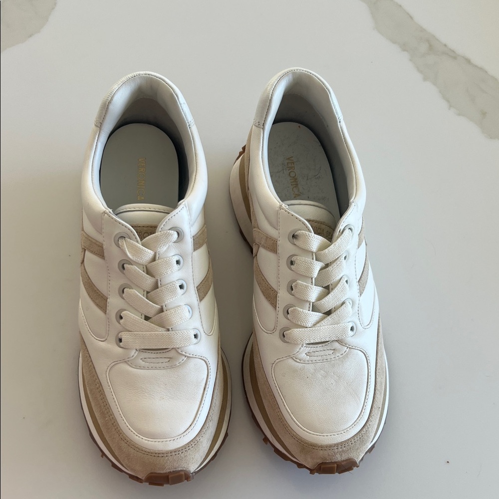 Veronica Beard Valentina White Sneakers with Brown Tread slip on